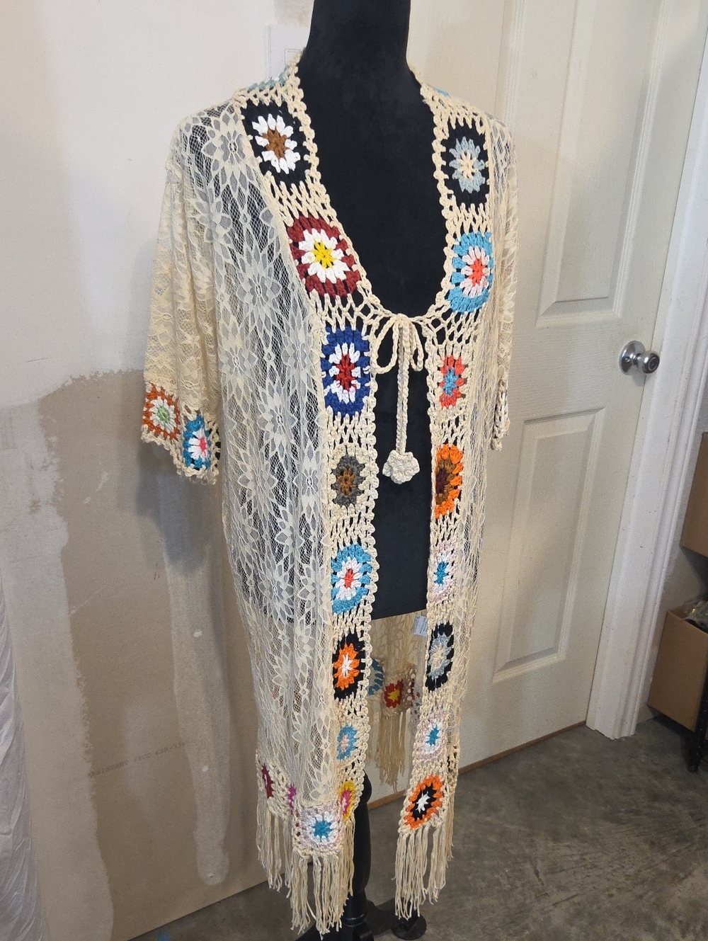 ASHA Cream Crochet Lace Kimono Cover-Up MIDI Boho Multicolor FLORAL Accents